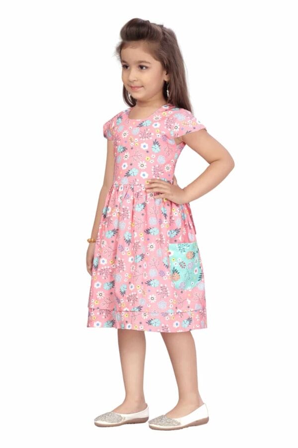 Girl Dress Knee Length Frock Floral Prints Girls Flutter Wings Sleeveless Dress two side pocket Girls Cotton Frock Topwear - All Over Floral Print - Image 4