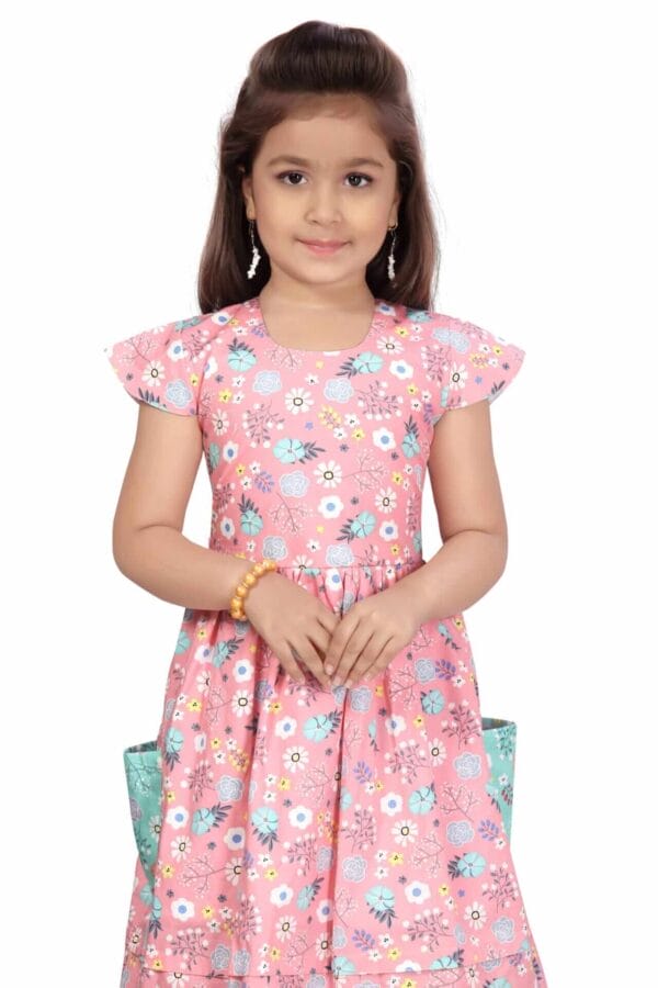 Girl Dress Knee Length Frock Floral Prints Girls Flutter Wings Sleeveless Dress two side pocket Girls Cotton Frock Topwear - All Over Floral Print - Image 6