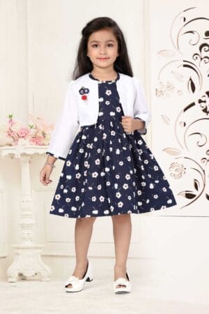 Girl Dress Knee Length Full Sleeve Floral Frock Prints cum with Jacket Girls Wedding Party Dress - Floral Print Jacket Frock