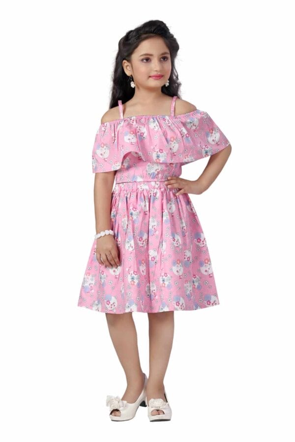 Girl Dress Knee Length Check Frock Floral Prints Girls Sleeveles Dress Midi Wedding Party Dress Top Bottom Off Sholder - Jasmine Floral - Image 4