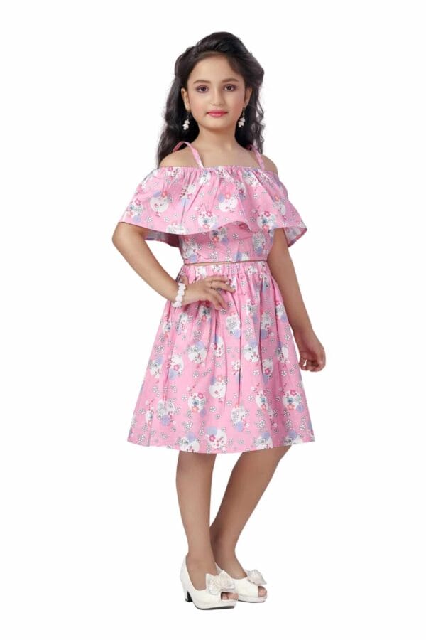 Girl Dress Knee Length Check Frock Floral Prints Girls Sleeveles Dress Midi Wedding Party Dress Top Bottom Off Sholder - Jasmine Floral - Image 5