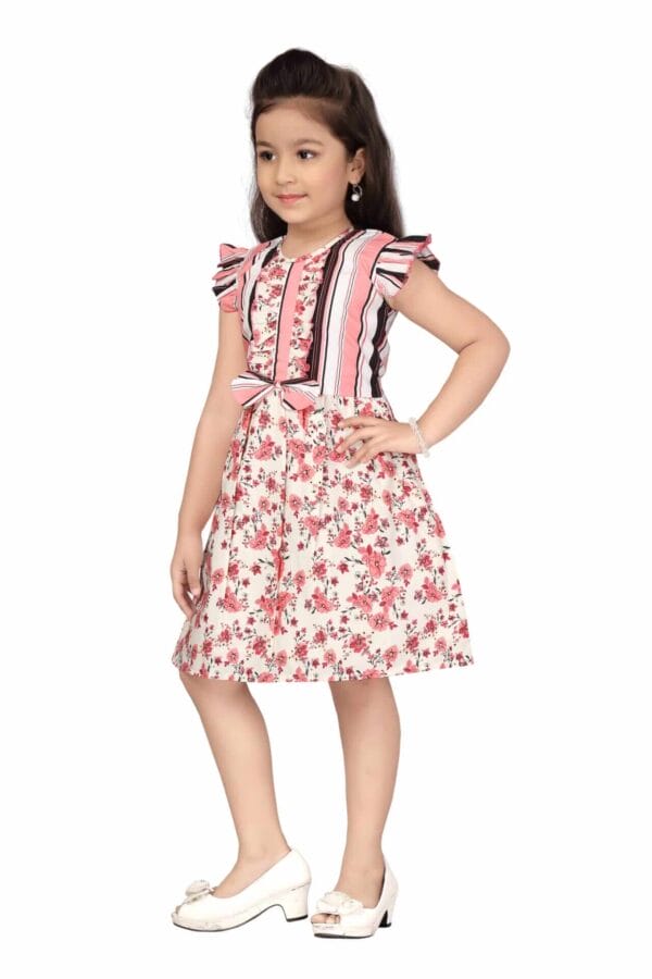 Girl Dress Knee Length Frock Floral Prints Girls Flutter Wings Halfsleeve Dress Girls Cotton Bottom Lace Frock Topwear - Scarlet Rose Print - Image 9