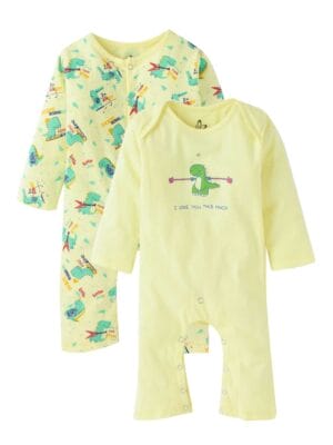 Baby Boy's and Baby Girl’s Bodysuits Cotton Full Sleeve Rompers Onesies for Infant Lemon Dinosour Print Set of 2
