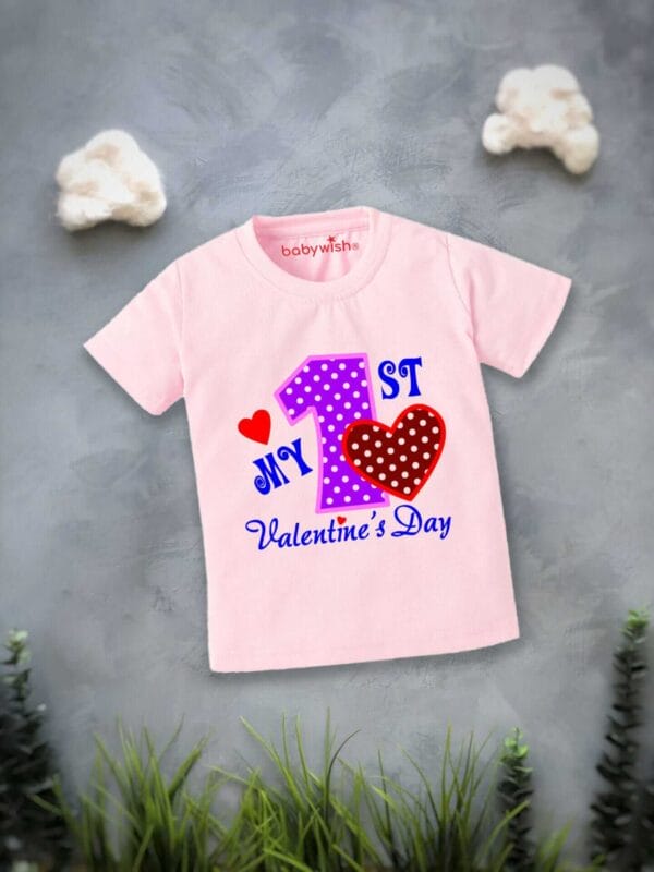Valentine Day T-shirt for Kids Unisex Valentine Topwear Outfit Printed Half Sleeve Tshirt Dress for Boy n Girl "First Valentine Heart Print" - Image 2