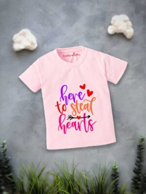 Valentine Day T-shirt for Kids Unisex Valentine Topwear Outfit Printed Half Sleeve Tshirt Dress for Boy n Girl "Here to Steal Heart"