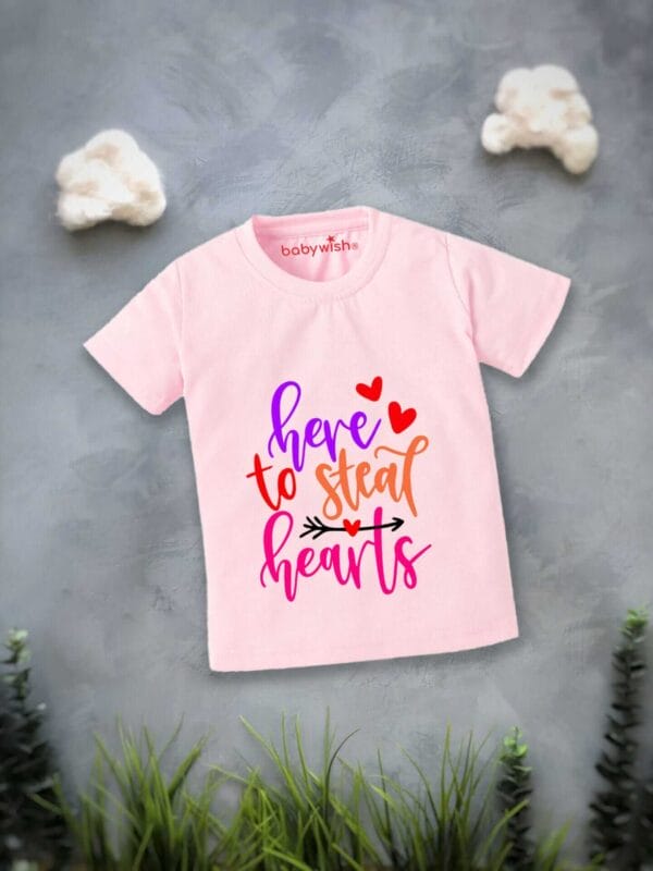 Valentine Day T-shirt for Kids Unisex Valentine Topwear Outfit Printed Half Sleeve Tshirt Dress for Boy n Girl "Here to Steal Heart"