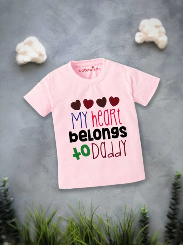 Valentine Day T-shirt for Kids Unisex Valentine Topwear Outfit Printed Half Sleeve Tshirt Dress for Boy n Girl "My Hearts Belong to Dad" - Image 2