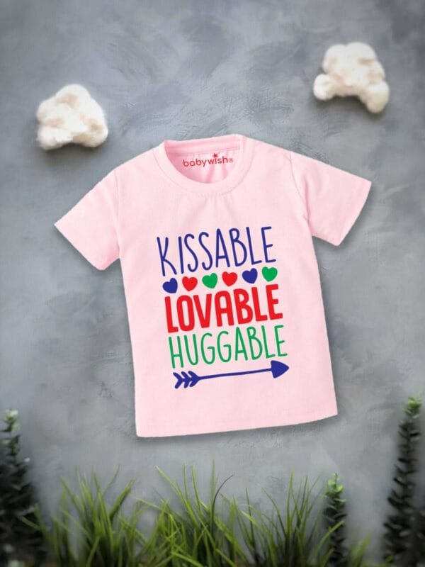 Valentine Day T-shirt for Kids Unisex Valentine Topwear Outfit Printed Half Sleeve Tshirt Dress for Boy n Girl "Kissable Baby on Valentine"