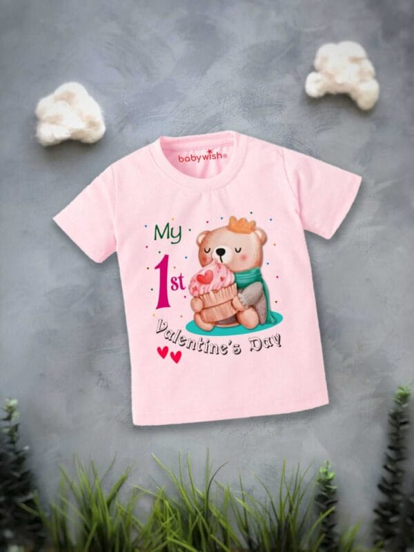Valentine Day T-shirt for Kids Unisex Valentine Topwear Outfit Printed Half Sleeve Tshirt Dress for Boy n Girl "Teddy Bear Valentine Print" - Image 2