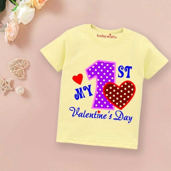 Valentine Day T-shirt for Kids Unisex Valentine Topwear Outfit Printed Half Sleeve Tshirt Dress for Boy n Girl "First Valentine Heart Print"