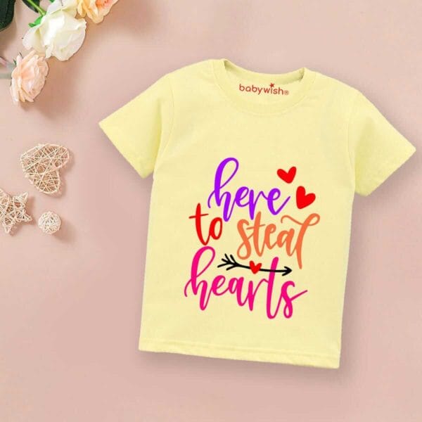 Valentine Day T-shirt for Kids Unisex Valentine Topwear Outfit Printed Half Sleeve Tshirt Dress for Boy n Girl "Here to Steal Heart" - Image 2