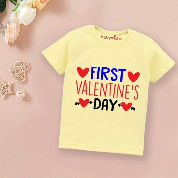 Valentine Day T-shirt for Kids Unisex Valentine Topwear Outfit Printed Half Sleeve Tshirt Dress for Boy n Girl "First Valentine Heart"