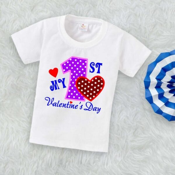 Valentine Day T-shirt for Kids Unisex Valentine Topwear Outfit Printed Half Sleeve Tshirt Dress for Boy n Girl "First Valentine Heart Print" - Image 3