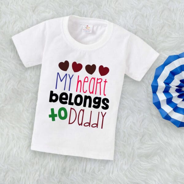 Valentine Day T-shirt for Kids Unisex Valentine Topwear Outfit Printed Half Sleeve Tshirt Dress for Boy n Girl "My Hearts Belong to Dad" - Image 3