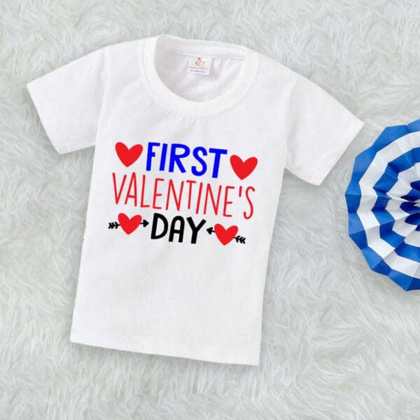 Valentine Day T-shirt for Kids Unisex Valentine Topwear Outfit Printed Half Sleeve Tshirt Dress for Boy n Girl "First Valentine Heart" - Image 3