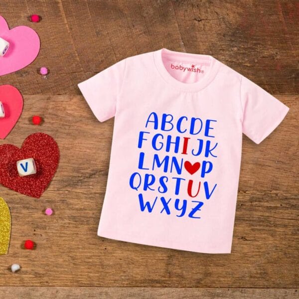 Valentine Day T-shirt for Kids Unisex Valentine Topwear Outfit Printed Half Sleeve Tshirt Dress for Boy n Girl "Alphabets on Valentine" - Image 2