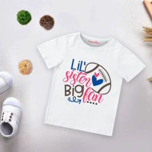 Lil’ Sister Big Fan Baby & Kids T-Shirt | Cute Sibling Outfit for Girls | Soft Cotton Printed Tee for Babies & Kids | White Pink Sea Green Lemon Black | Age 6-12 Months or 1-12 Years Babywish