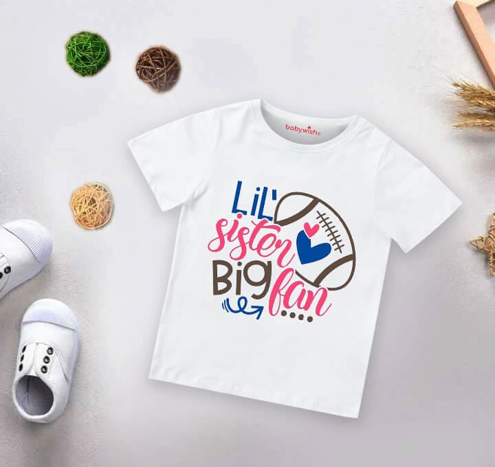 Lil’ Sister Big Fan Baby & Kids T-Shirt | Cute Sibling Outfit for Girls | Soft Cotton Printed Tee for Babies & Kids | White Pink Sea Green Lemon Black | Age 6-12 Months or 1-12 Years Babywish