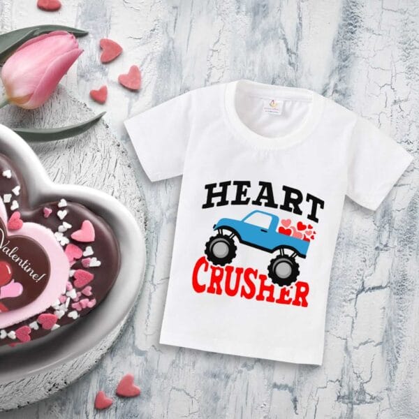 Valentine Day T-shirt for Kids Unisex Valentine Topwear Outfit Printed Half Sleeve Tshirt Dress for Boy n Girl "Heart Crusher Valentine" - Image 3