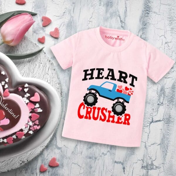 Valentine Day T-shirt for Kids Unisex Valentine Topwear Outfit Printed Half Sleeve Tshirt Dress for Boy n Girl "Heart Crusher Valentine" - Image 2