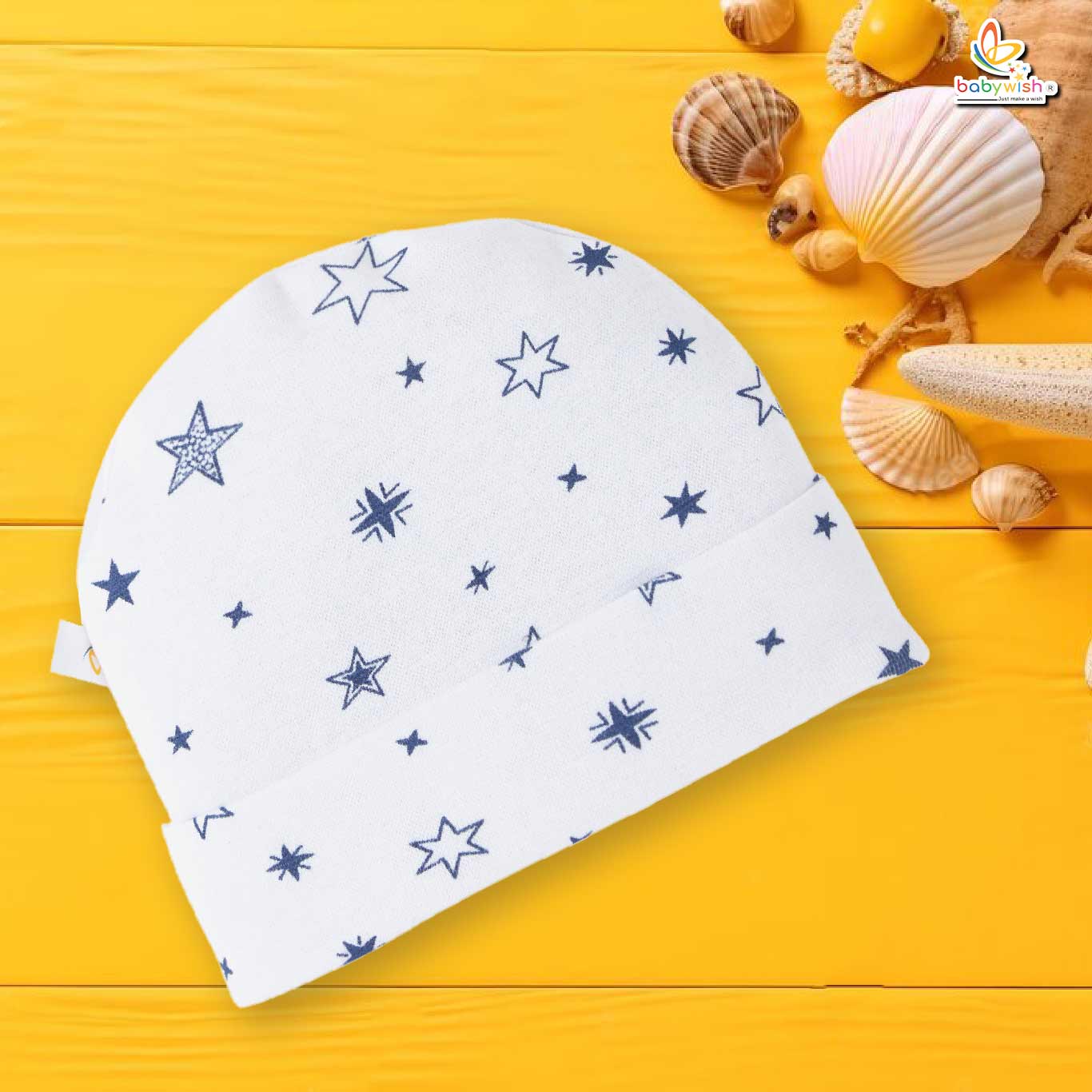 White Cotton Newborn Baby Cap with Navy Star Print – Soft Infant Beanie by Babywish