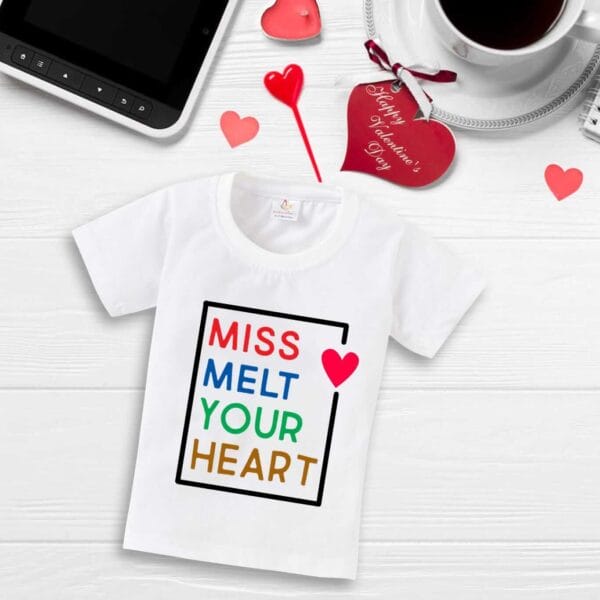 Valentine Day T-shirt for Kids Unisex Valentine Topwear Outfit Printed Half Sleeve Tshirt Dress for Boy n Girl "Miss Melt Your Heart" - Image 2