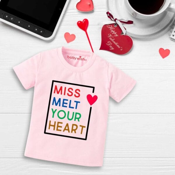 Valentine Day T-shirt for Kids Unisex Valentine Topwear Outfit Printed Half Sleeve Tshirt Dress for Boy n Girl "Miss Melt Your Heart"