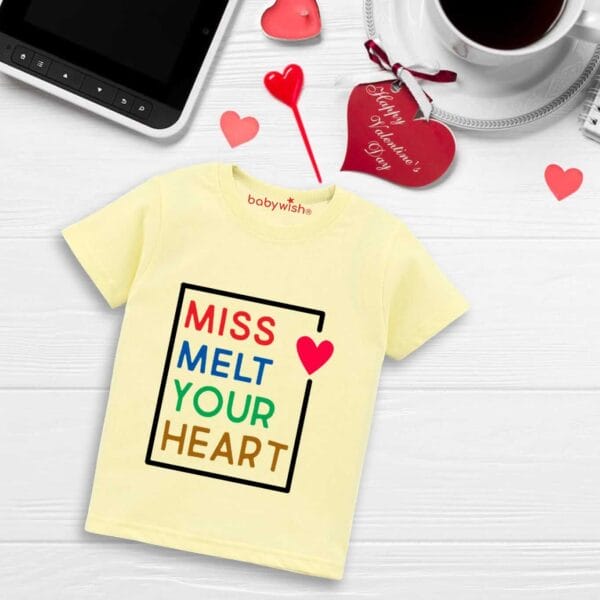 Valentine Day T-shirt for Kids Unisex Valentine Topwear Outfit Printed Half Sleeve Tshirt Dress for Boy n Girl "Miss Melt Your Heart" - Image 3