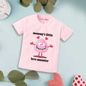 Valentine Day T-shirt for Kids Unisex Valentine Topwear Outfit Printed Half Sleeve Tshirt Dress for Boy n Girl "Mummy's Little Love Monster"