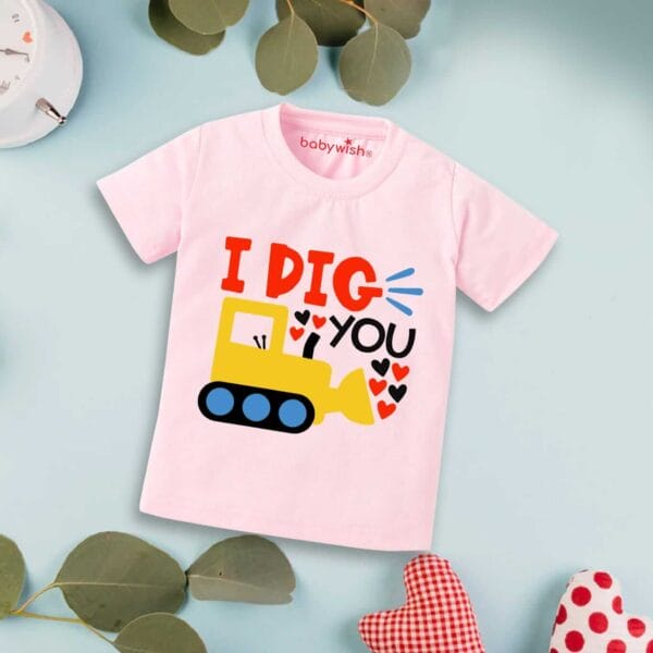 Valentine Day T-shirt for Kids Unisex Valentine Topwear Outfit Printed Half Sleeve Tshirt Dress for Boy n Girl "I Dig You on Valentine" - Image 2