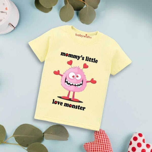 Valentine Day T-shirt for Kids Unisex Valentine Topwear Outfit Printed Half Sleeve Tshirt Dress for Boy n Girl "Mummy's Little Love Monster" - Image 3