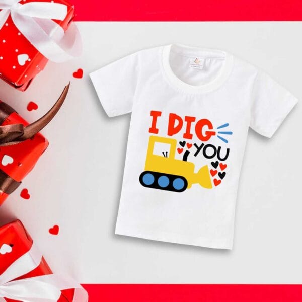 Valentine Day T-shirt for Kids Unisex Valentine Topwear Outfit Printed Half Sleeve Tshirt Dress for Boy n Girl "I Dig You on Valentine" - Image 3