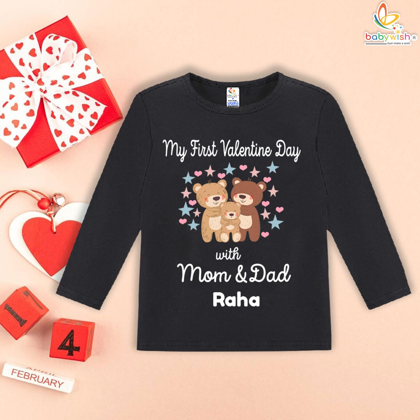 My First Valentine’s Day Personalized Baby T-Shirt with Name | Custom Valentine Outfit for Babies | Soft Cotton Kids Top | Age 6-12 Months or 1-6 Years | Color Red or Black | Babywish - Image 6