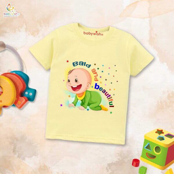 First Mundan ceremony T-shirt for Kids Clothes Unisex occasion mundan Topwear Outfit Half Sleeve for Boy n Girl | Bald And Beautiful | - Image 4