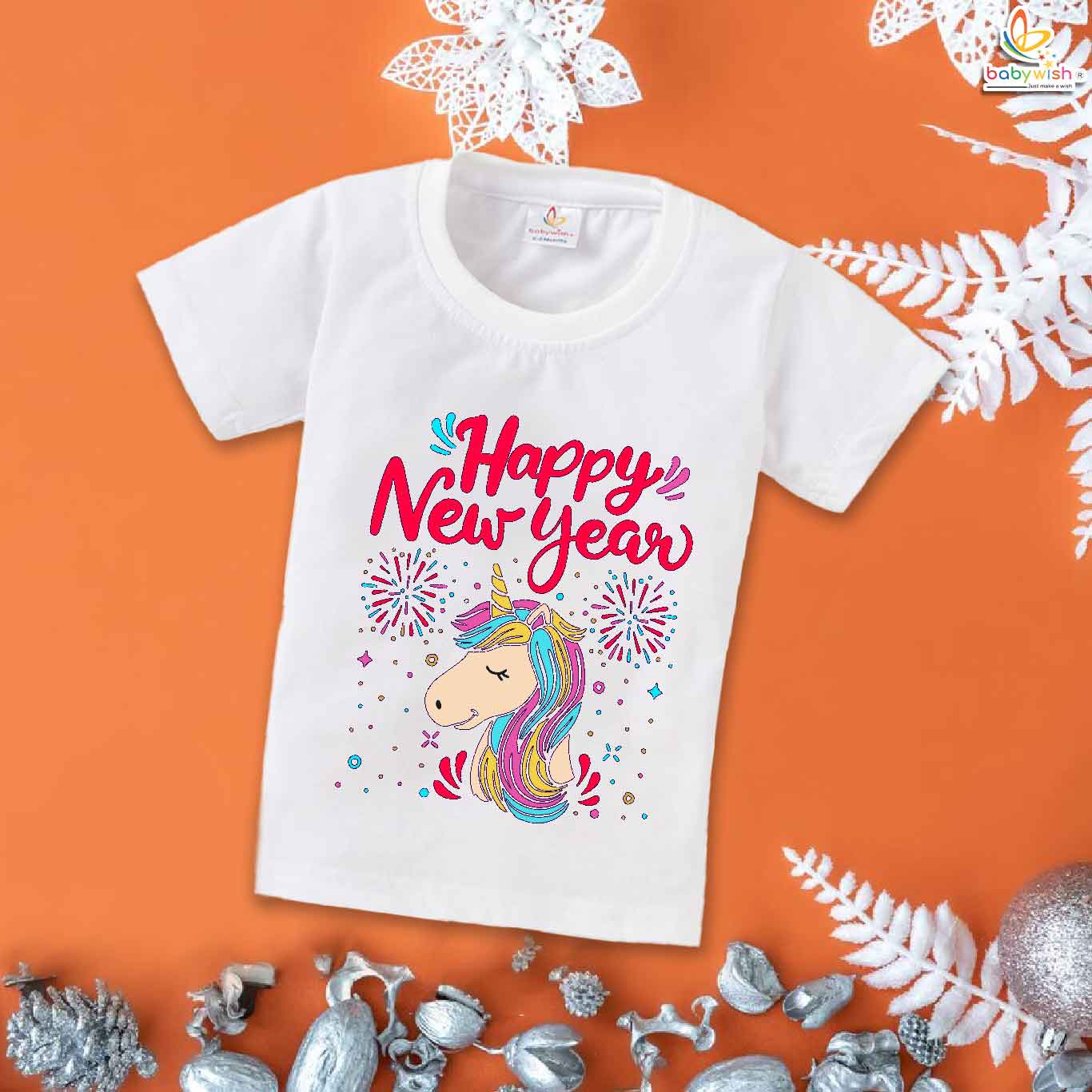 Adorable My First New Year Baby T-Shirt Unicorn Horse Print – Soft Cotton Unisex Half Sleeve Outfit for Infant Boys & Girls | Cute Festive Party & Photoshoot Dress – Babywish
