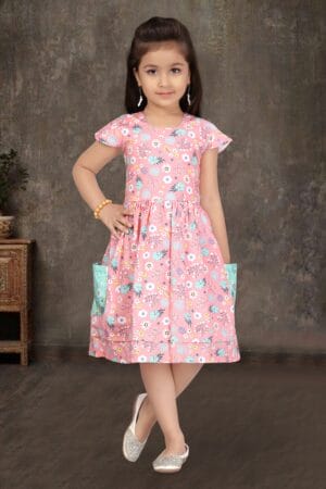 Girl Dress Knee Length Frock Floral Prints Girls Flutter Wings Sleeveless Dress two side pocket Girls Cotton Frock Topwear - All Over Floral Print