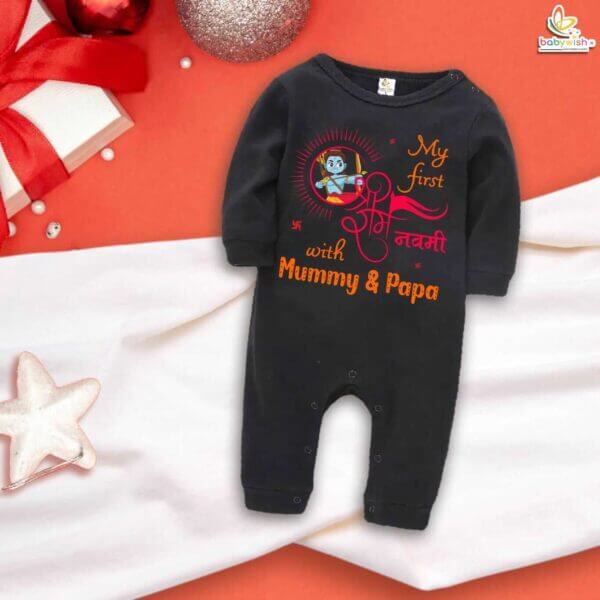 My First Ramnavmi Baby Full Bodysuit – “My First Ram Navami with Mummy & Papa” – Full Body Romper for Infant Boy or Girl – Traditional Hindu Festival Outfit – Babywish - Image 2