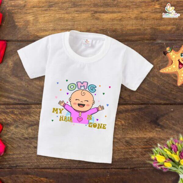 First Mundan ceremony T-shirt for Kids Clothes Unisex occasion mundan Topwear Outfit Half Sleeve for Boy n Girl | OMG My Hair is Gone | - Image 4