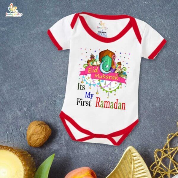 Baby First Eid Romper Clothes Baby Ramadan festival Bodysuits Newborn Outfit Envelop Neck Half Sleeve Unisex Onesies " It's My First Ramadan " - Image 5