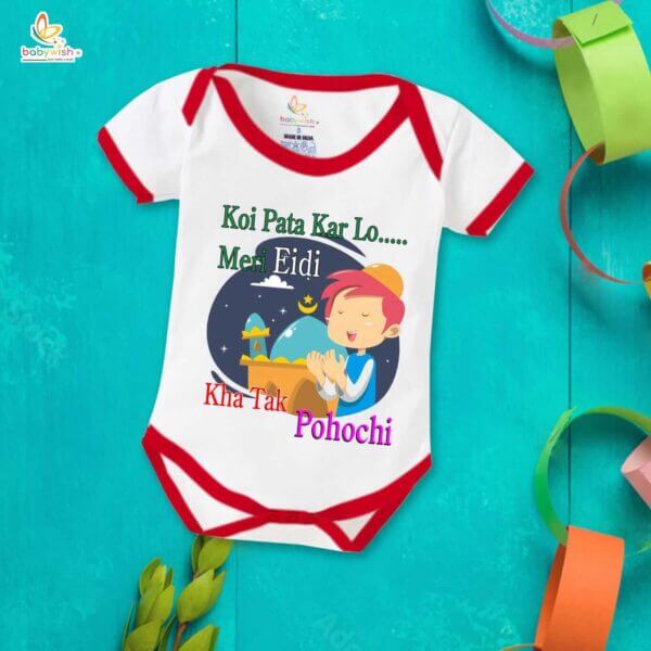 Baby First Eid Romper Clothes Baby Ramadan festival Bodysuits Newborn Outfit Envelop Neck Half Sleeve Unisex Onesies " Koi Pata Kar Lo Meri Eidi Kha Tak Pahochi " - Image 5