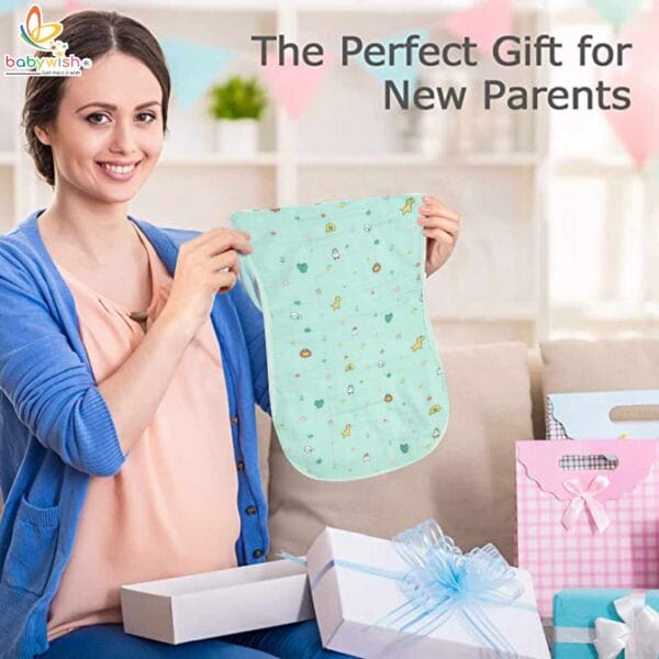 Green muslin burp cloth for babies – soft and absorbent animal print burping towel by Babywish