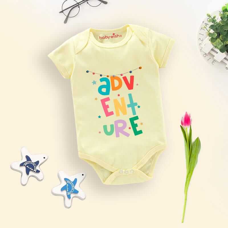 Baby First Birthday Romper Clothes for Newborns – Half Sleeve Unisex Bodysuits with Envelop Neck, Fun “Adventure Print” Outfit