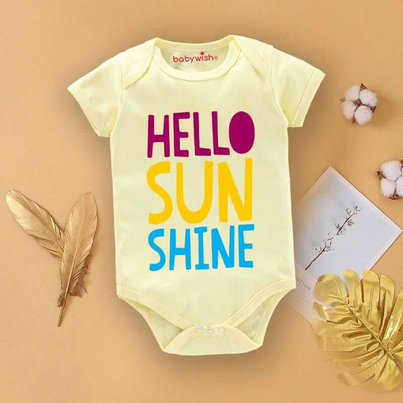 Baby First Birthday Romper Outfit for Newborns – Half Sleeve Bodysuits, Unisex Onesies with Envelop Neck, Cute “Hello Sun” Print