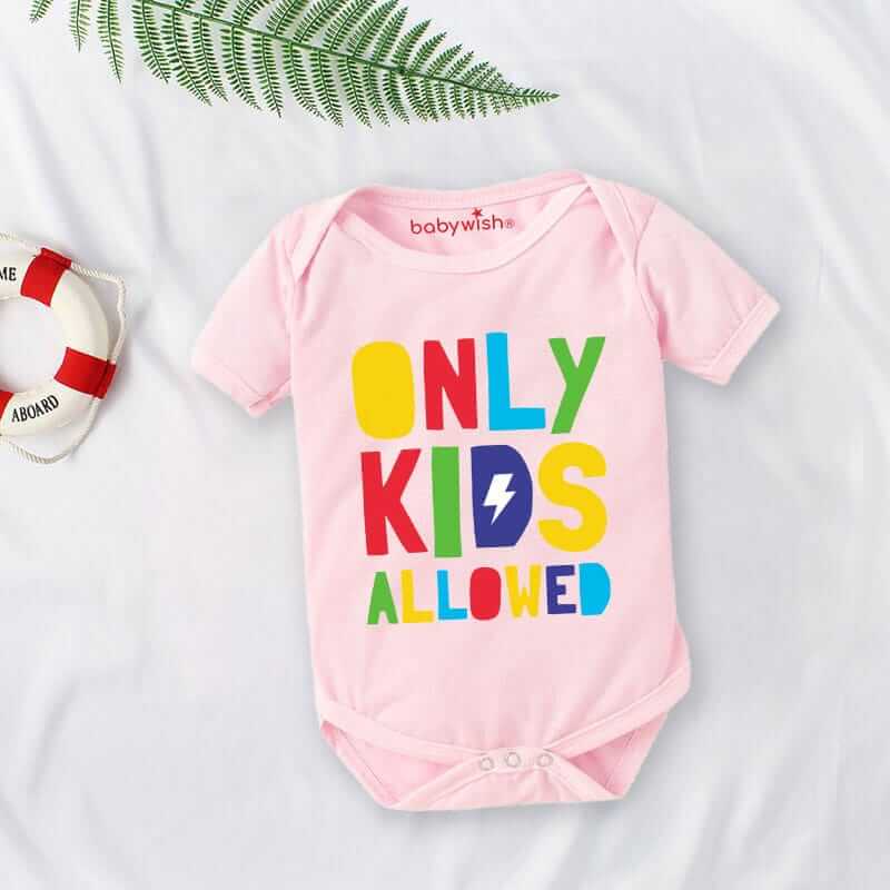 Baby First Birthday Romper Clothes for Newborns – Envelop Neck Half Sleeve Unisex Bodysuits, Fun “Only Kids Allowed” Outfit