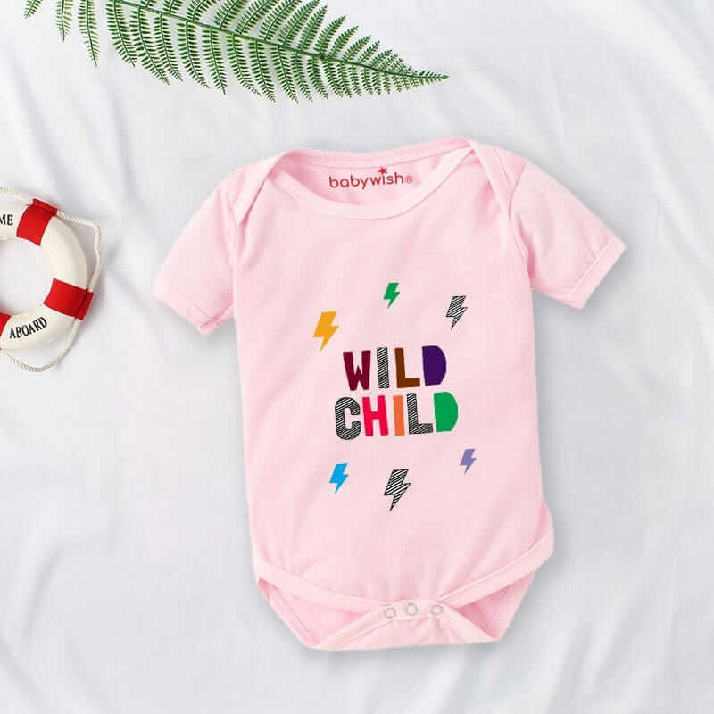 Baby First Birthday Romper Clothes for Newborns – Envelop Neck Half Sleeve Unisex Bodysuits, Fun “Wild Child Print” Outfit