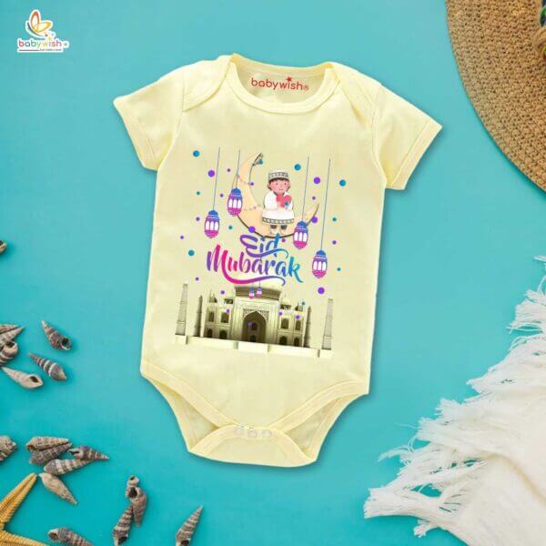 Baby First Eid Romper Clothes Baby Ramadan festival Bodysuits Newborn Outfit Envelop Neck Half Sleeve Unisex Onesies " Eid Mubarak Taj Mahal Print "