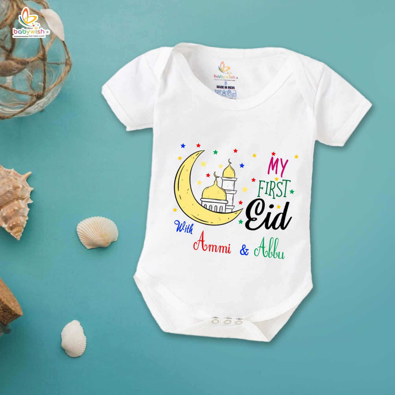 Baby First Eid Romper Clothes | Newborn Ramadan & Eid Festival Bodysuits | Unisex Half Sleeve Onesies for Infants | “First Eid Star Printed”