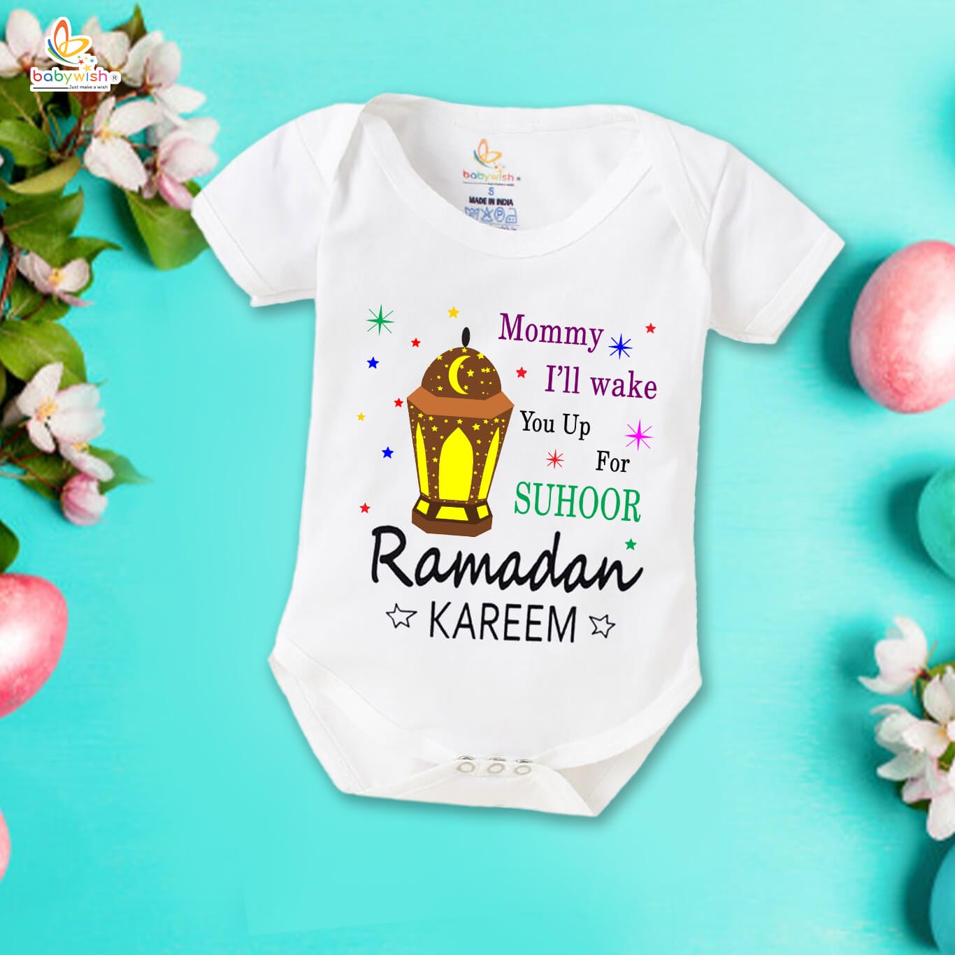 Baby First Eid Romper Clothes | Newborn Ramadan Festival Bodysuits | Unisex Half Sleeve Onesies for Boys & Girls | “Mommy I'll Wake You up for Suhoor”