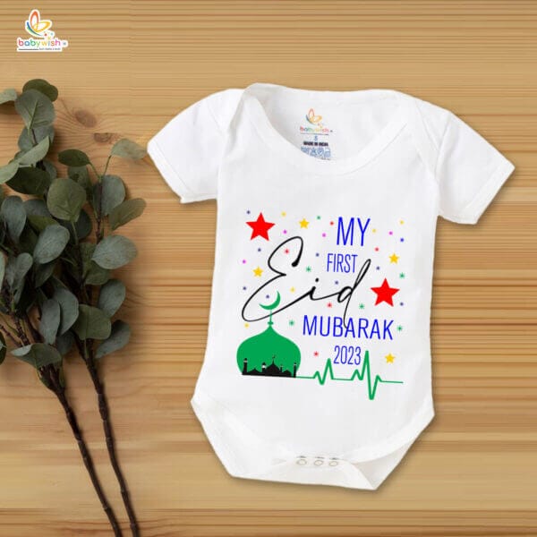 Baby First Eid Romper Clothes Baby Ramadan festival Bodysuits Newborn Outfit Envelop Neck Half Sleeve Unisex Onesies " My First Eid Mubarak 2023 "