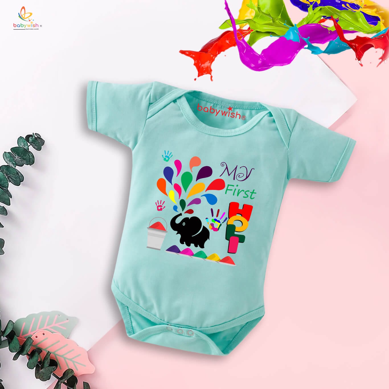 Baby First Holi Romper Clothes | Baby Holi Festival Bodysuits | Newborn Outfit Envelop Neck Half Sleeve Unisex Onesies “Elephant Print Holi”